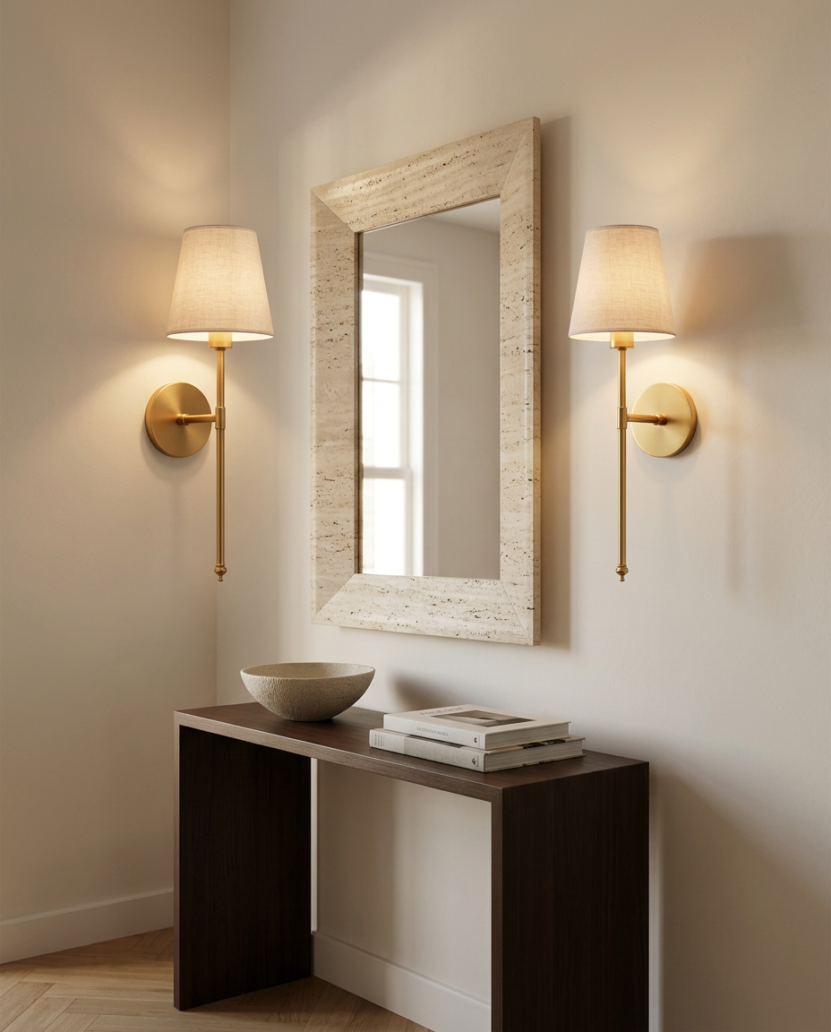 Elegant Wireless Wall Sconces beside a travertine hallway mirror