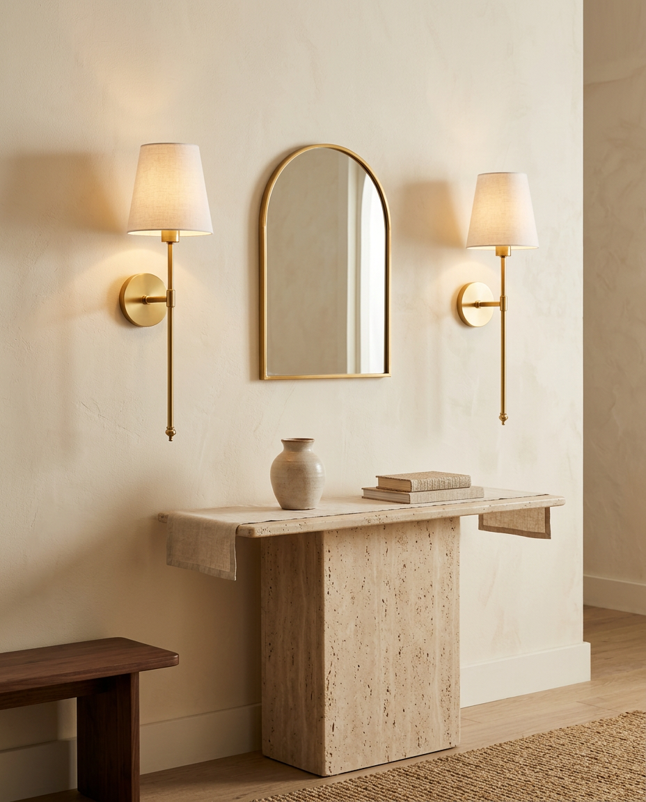 Elegant Wireless Wall Sconces in a mirror hallway setting