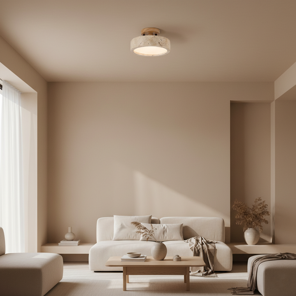 Round Yellow Travertine Ceiling Light Fixture