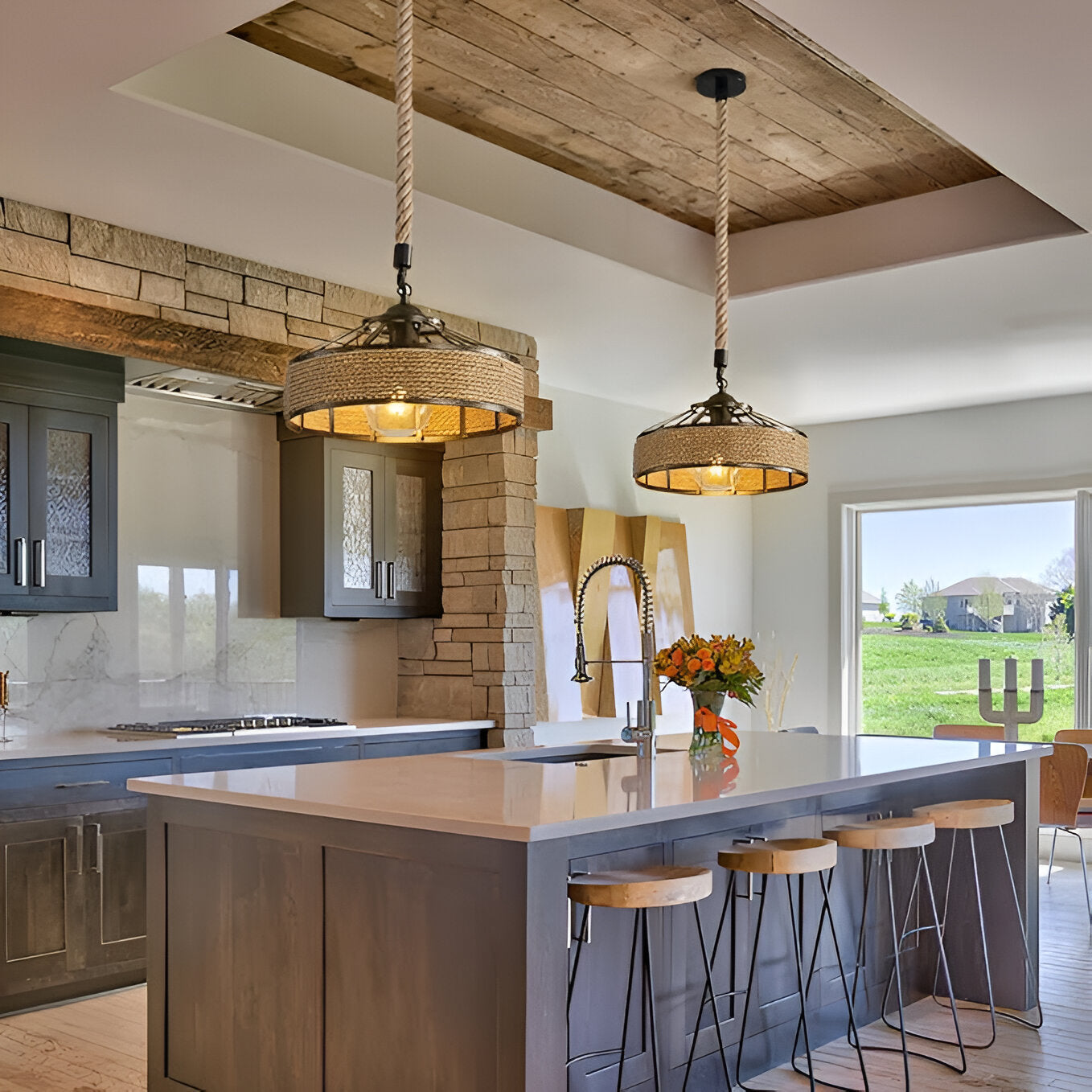 Classic Hemp Rope Rustic Iron Pendant Light
