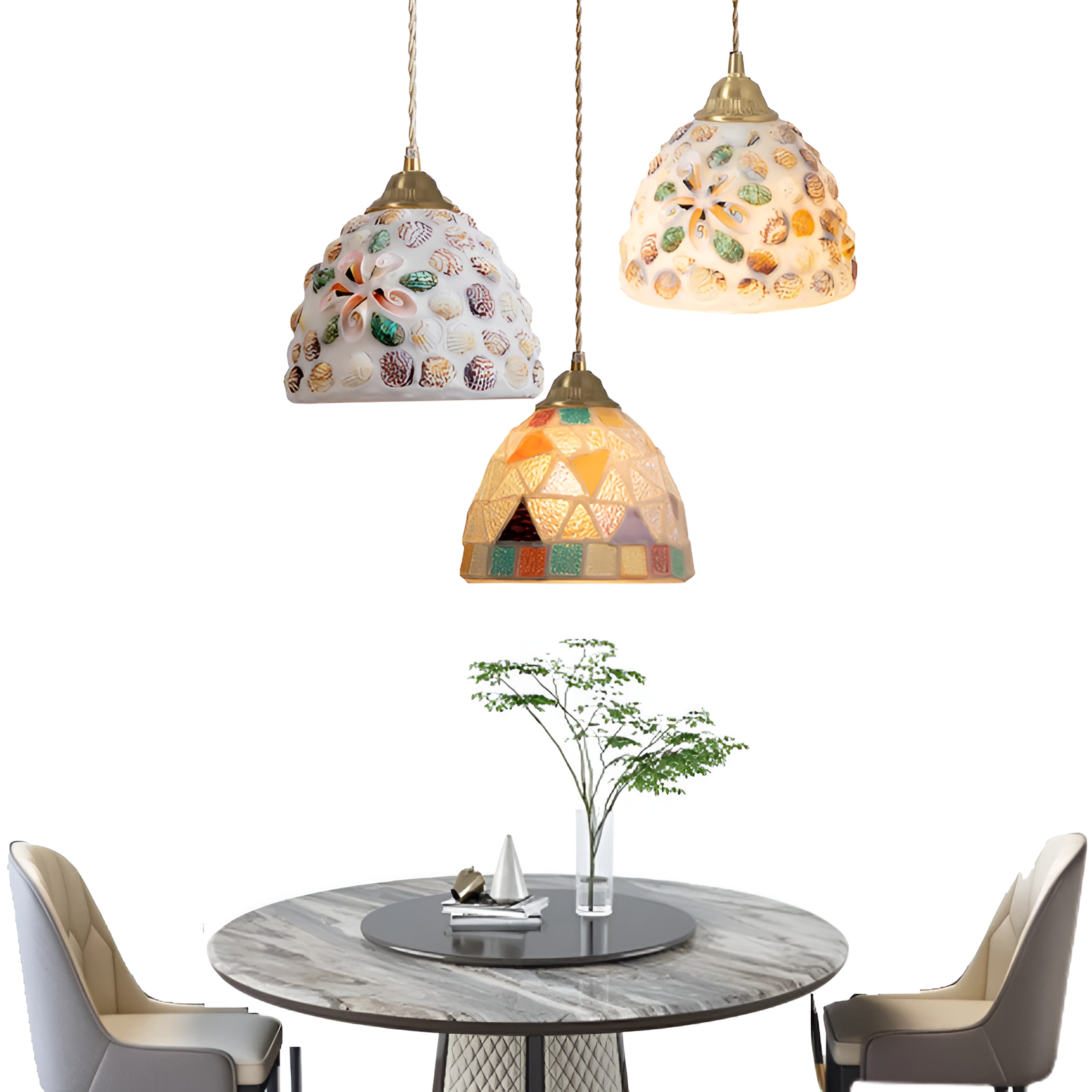 Retro Colorful Natural Shell Handcrafted Brass Pendant Light