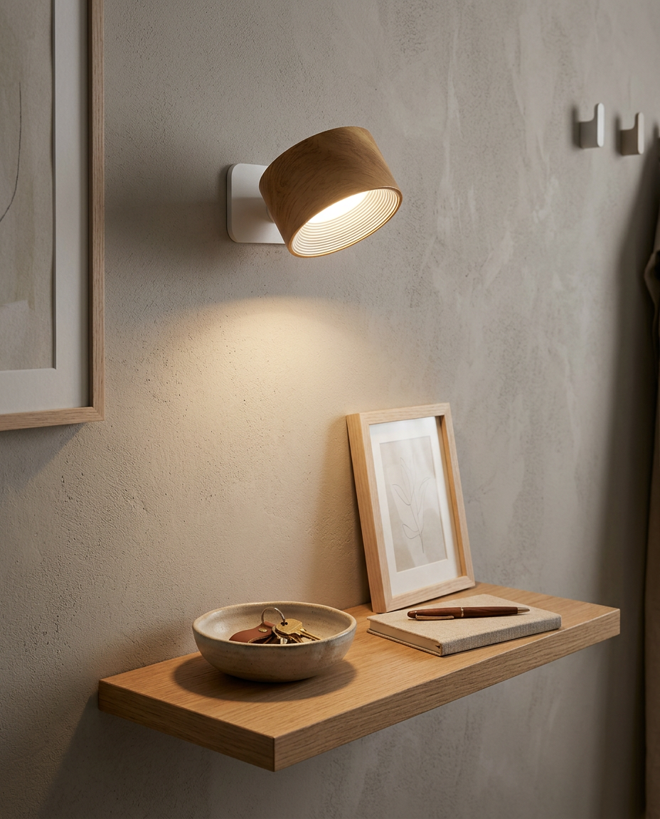 Wireless Magnetic Wall Lamp in a hallway shelf setting